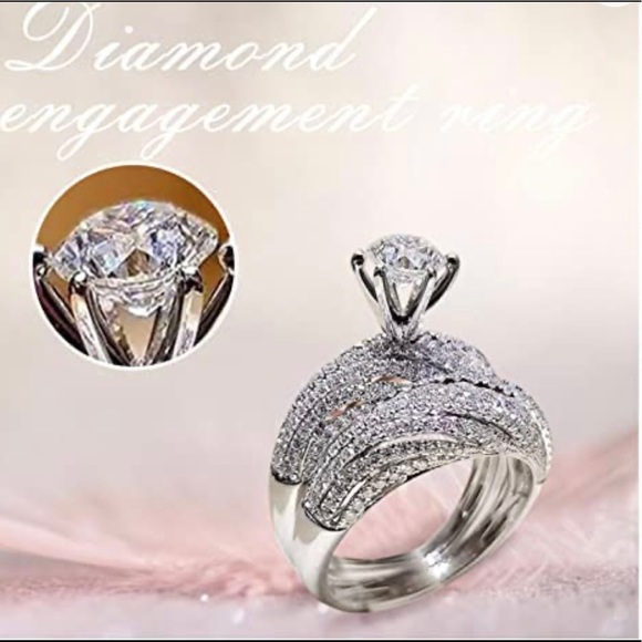 (◕‿◕) Wedding Set 2 pc 18kf  white gold diamond Ring 3 Ct tw Romantic vintage - Picture 4 of 8